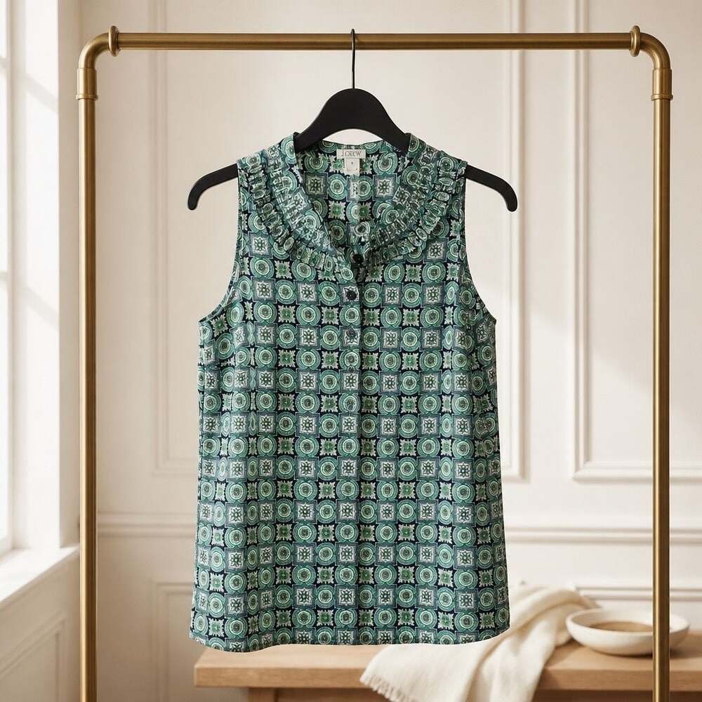 J.Crew Geometric Print Sleeveless Ruffle Neck Popover Blouse #767